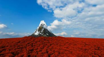 The sharp-shaped mountain is surrounded by a dense forest of lush trees with a backdrop of the sky and clouds. 3d rendering. photo