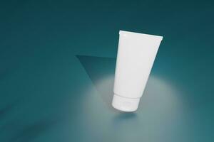 3d rendering A white tube of cosmetics green color background. The concept of natural cosmetics. Mockup. photo