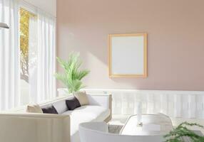 The light from the outside hit theframe on wall of the room and the sofa located inside. give a warm atmosphere.3d rendering. photo