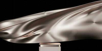 Silver color podium on silver fabric flying wave. Luxury background for branding and product presentation. 3d rendering illustration. photo