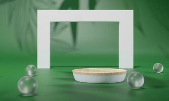 Podium with colorful pastel background and tree or leaf stand on advertising display. 3D rendering. photo