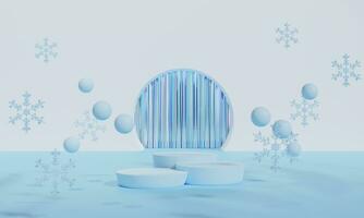 Christmas podium for branding and packaging presentation. Product display with gift boxes, Christmas showcase. Cosmetic and fashion. 3d rendering. photo