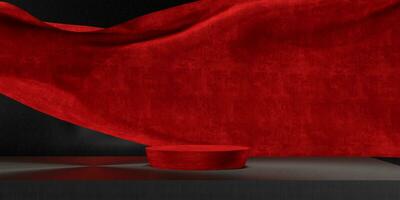 Red color podium on red velvet fabric flying wave. Luxury background for branding and product presentation. 3d rendering illustration. photo