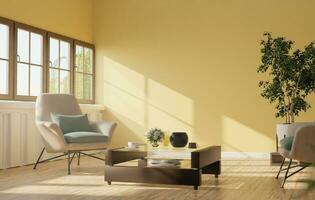 The light from the outside hit the wall of the room and the chairs and coffee table located inside. give a warm atmosphere.3d rendering. photo