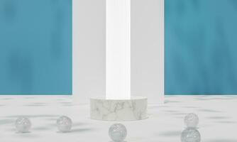 Podium with colorful pastel background and tree or leaf stand on advertising display. 3D rendering. photo