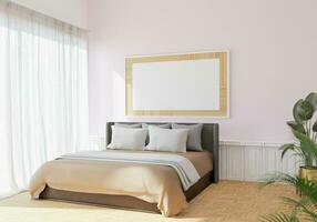 Picture frames are hung on the bedroom walls light shines through large glass doors and curtains. overlooking trees outside give a warm atmosphere. 3d rendering. photo