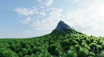 The sharp-shaped mountain is surrounded by a dense forest of lush trees with a backdrop of the sky and clouds. 3d rendering. photo