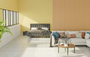 The bedroom and living room inside the house have walls decorated with wood and sunlight shining in from the side windows of the house, giving a warm feeling. 3d rendering. photo