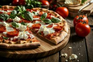 Delicious pizza with mozzarella on a chocolate wooden board on a table and decorated with tomato. Generative Ai Pro Photo