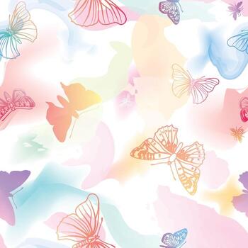 Summer holiday wavy flowing blurred shapes and butterflies seamless pattern. Beautiful abstract  watercolored texture. White pattern in bright spring style. Modern waves background drawing graphic. vector