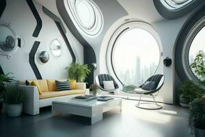 living room in trendy futurism style. Generative Ai Pro Photo