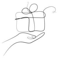 Human hand holding gift box continuous line. One line art drawn surprise. Birthday symbol. Vector isolated on white. Design element for Poster, placard, Greeting card, Promotion, Advertisement.