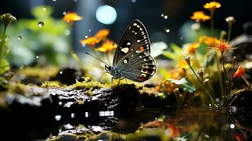 hermosa mariposa en un corriente cerca verde plantas generado por ai foto