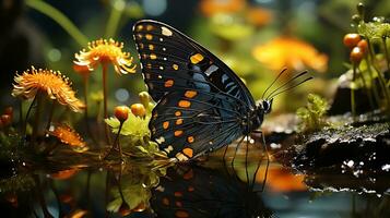 hermosa mariposa en un corriente cerca verde plantas generado por ai foto