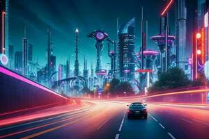 Modern night city in trendy futurism style. Generative Ai Pro Photo