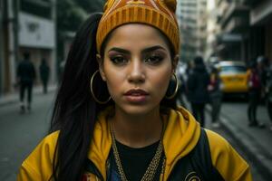 Portrait of a woman in streetwear on the street. Generative Ai Pro Photo