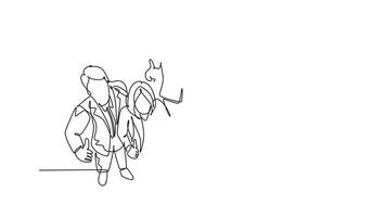 Self drawing animation of single line draw group of line up happy businessmen and businesswoman standing up together giving thumbs up gesture from top view. Continuous line draw. Full length animated video