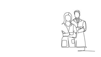 Animated self drawing of continuous line draw groups of young happy male and female doctors giving thumbs up gesture as service excellence symbol. Medical team work. Full length single line animation video