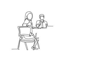 Self drawing animation of single line draw young happy businessmen and businesswoman meeting and giving thumbs up gesture. Business presentation conceptual. Continuous line draw. Full length animated video