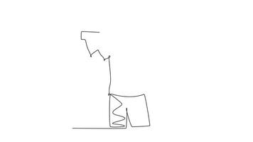 Animated self drawing of continuous line draw young happy delivery man gives thumbs up gesture while lift up carton box packages to customer. Delivery service business. Full length one line animation video