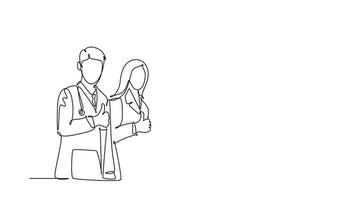 Self drawing animation of single line draw groups of young happy doctors giving thumbs up gesture for best healthcare service in hospital. Medical team work. Continuous line draw. Full length animated video