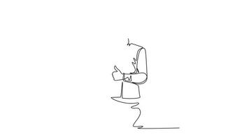 Animated self drawing of continuous line draw young happy successful businessman show money paper stack and gives thumbs up gesture. Successful business person concept. Full length one line animation video