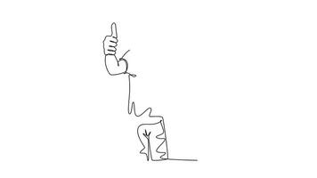 Animated self drawing of continuous line draw young happy pizza delivery man gives thumbs up gesture before deliver package to customer. Food delivery service business. Full length one line animation video