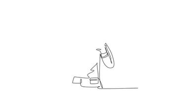 Self drawing animation of single line draw young happy business man holding money paper stack and gives thumbs up gesture pose. Successful business concept. Continuous line draw. Full length animated video