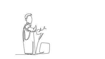 animiert selbst Zeichnung von kontinuierlich Linie zeichnen Gruppen von männlich und weiblich Hausmeister geben Daumen oben Geste. Reinigung Bedienung Zusammenarbeit und erfolgreich Geschäft Konzept. voll Länge Single Linie Animation video