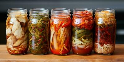AI Generated Korean kimchi cuisine, fermented vegetables with various spices. photo