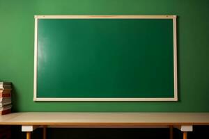 AI Generated blank blackboard with class table and stationery in classroom, back to school design concept. photo