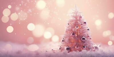 AI Generated pink Christmas tree with bauble hanging on the Christmas tree with sparkling light spot. photo