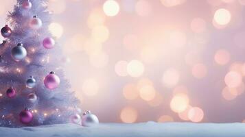 AI Generated pink Christmas tree with bauble hanging on the Christmas tree with sparkling light spot. photo