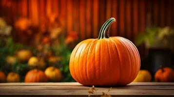 AI Generated autumn pumpkin with maple leaves over wooden table background. Thanksgiving harvest design concept photo