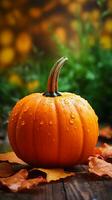 AI Generated autumn pumpkin with maple leaves over wooden table background. Thanksgiving harvest design concept photo