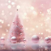 AI Generated pink Christmas tree with bauble hanging on the Christmas tree with sparkling light spot. photo
