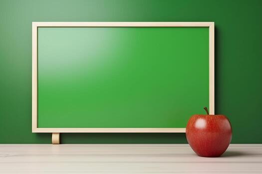AI Generated blank blackboard with class table and stationery in classroom, back to school design concept. photo