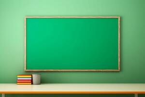 AI Generated blank blackboard with class table and stationery in classroom, back to school design concept. photo