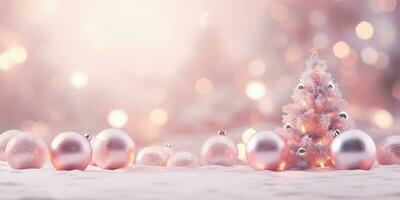 AI Generated pink Christmas tree with bauble hanging on the Christmas tree with sparkling light spot. photo