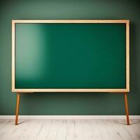 AI Generated blank blackboard with class table and stationery in classroom, back to school design concept. photo