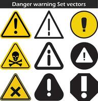 peligro advertencia icono colocar. alerta triángulo advertir firmar en negro, amarillo, y negro color. exclamación signo. vector