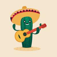 cartoon cactus wearing mexican hat playing guitar vector