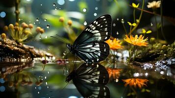 mariposa en un corriente cerca verde plantas lago generado por ai foto