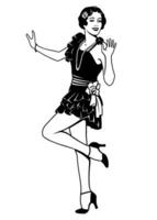 Funny Flapper Girl. Retro pretty woman dancing. Black and white ink style vector clipart isolated on white.