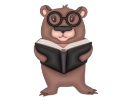 Cute teddy bear reading book 3D design on a transparent background png