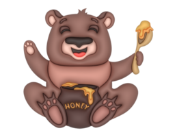 Cute teddy bear eating honey 3D design on a transparent background png