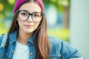 Hipster student woman wearing eyewear glasses. Generative Ai Pro Photo