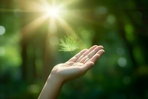 Human hand on green nature background with bokeh and sunlight. Generative AI. photo