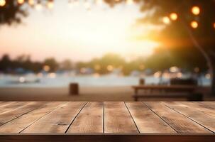 Wooden table and blur beach cafes background with bokeh lights. Generative AI. photo