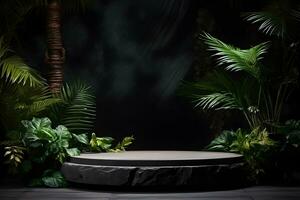 Empty black stone platform with tropical plants on dark background.Generative AI. photo